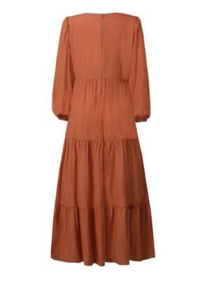 Boho Loose Pure Colour V Neck Long Sleeve Maxi Dress - Image 7