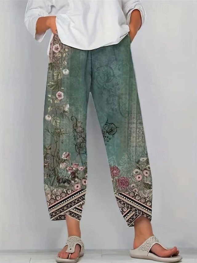 Boho Micro-elastic Floral Mid Waist Full Length Harem Trousers - Image 1