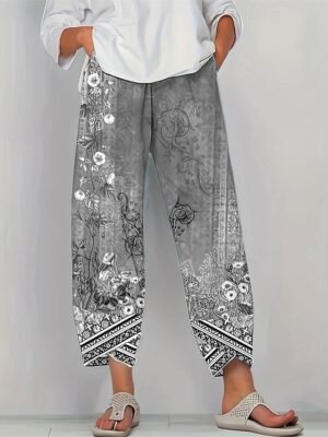 Boho Micro-elastic Floral Mid Waist Full Length Harem Trousers - Image 2