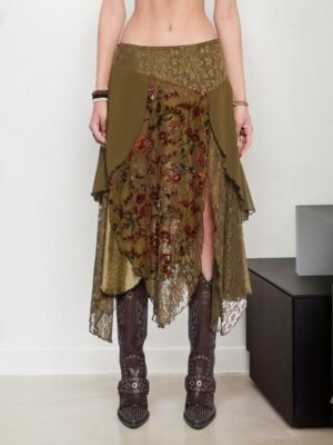 Boho Midi Floral Lace Mid Rise Micro-elastic Skirt - Image 1