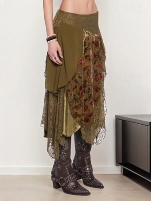 Boho Midi Floral Lace Mid Rise Micro-elastic Skirt - Image 2