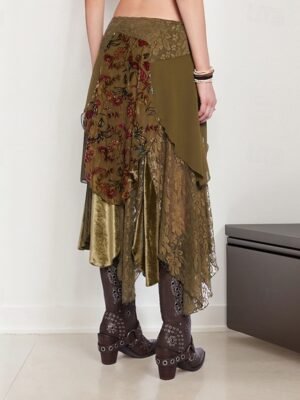 Boho Midi Floral Lace Mid Rise Micro-elastic Skirt - Image 3