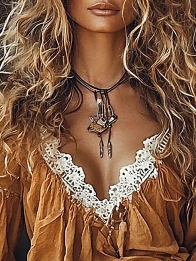 Boho Regular Color Block V Neck Long Sleeve Blouse - Image 2