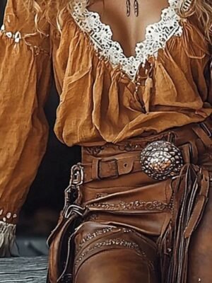 Boho Regular Color Block V Neck Long Sleeve Blouse - Image 3