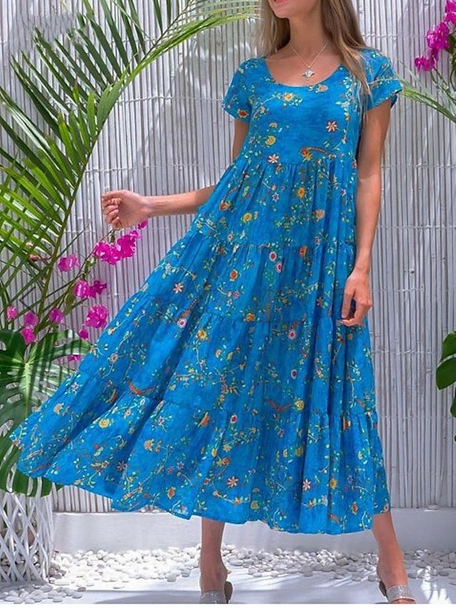 Boho Regular Fit Ditsy Floral Crew Neck Short Sleeve Maxi Dress - Image 1