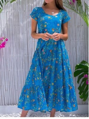 Boho Regular Fit Ditsy Floral Crew Neck Short Sleeve Maxi Dress - Image 3