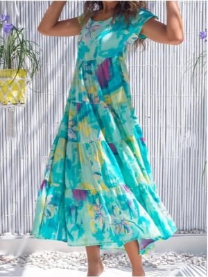 Boho Regular Fit Ditsy Floral Crew Neck Short Sleeve Maxi Dress - Image 5