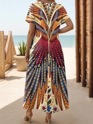 Boho Regular Fit Floral Crew Neck Butterfly Sleeve Maxi Dress - Image 2