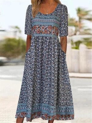 Boho Regular Fit Floral Crew Neck Short Sleeve Midi Dress - Image 1