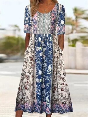 Boho Regular Fit Floral Crew Neck Short Sleeve Midi Dress - Image 4