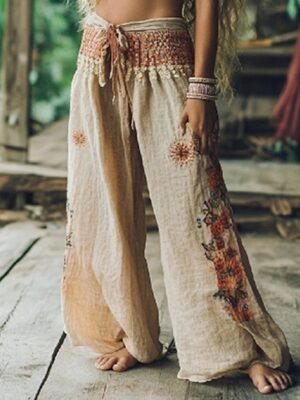 Boho Regular Fit Floral High Waist Full Length Palazzo Trousers - Image 1