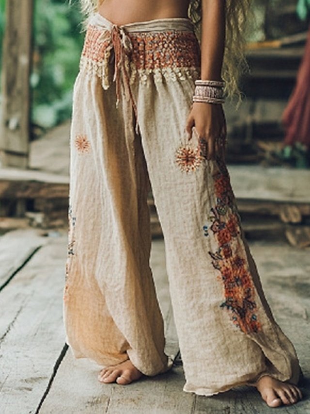 Boho Regular Fit Floral High Waist Full Length Palazzo Trousers - Image 1