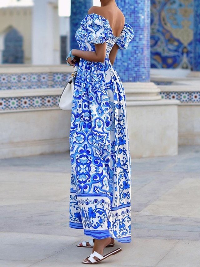 Boho Regular Fit Floral Off Shoulder Short Sleeve Maxi Dress - Image 2