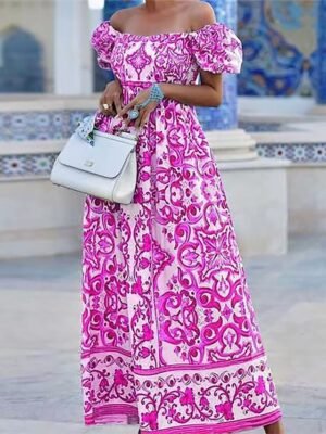 Boho Regular Fit Floral Off Shoulder Short Sleeve Maxi Dress - Image 5