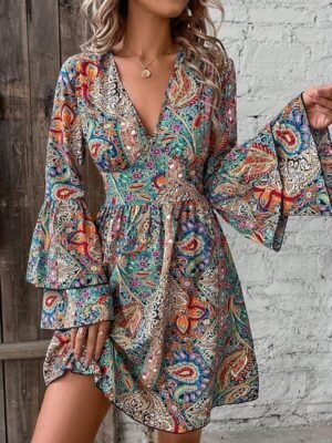 Boho Regular Fit Floral Paisley V Neck Long Sleeve Mini Dress - Image 1