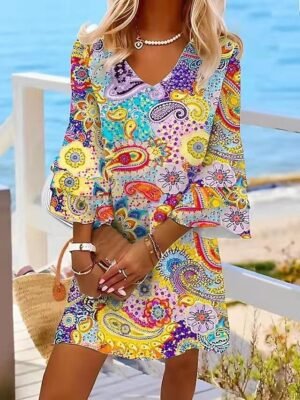 Boho Regular Fit Floral Paisley V Neck Ruffle Sleeve Mini Dress - Image 2