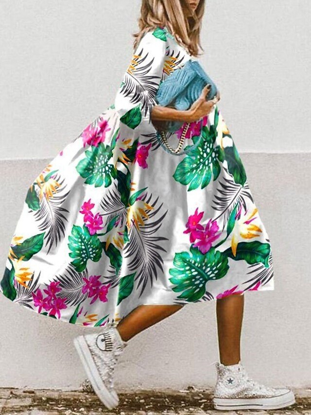 Boho Regular Fit Floral Round Neck 3/4 Sleeve Midi Dress - Image 1