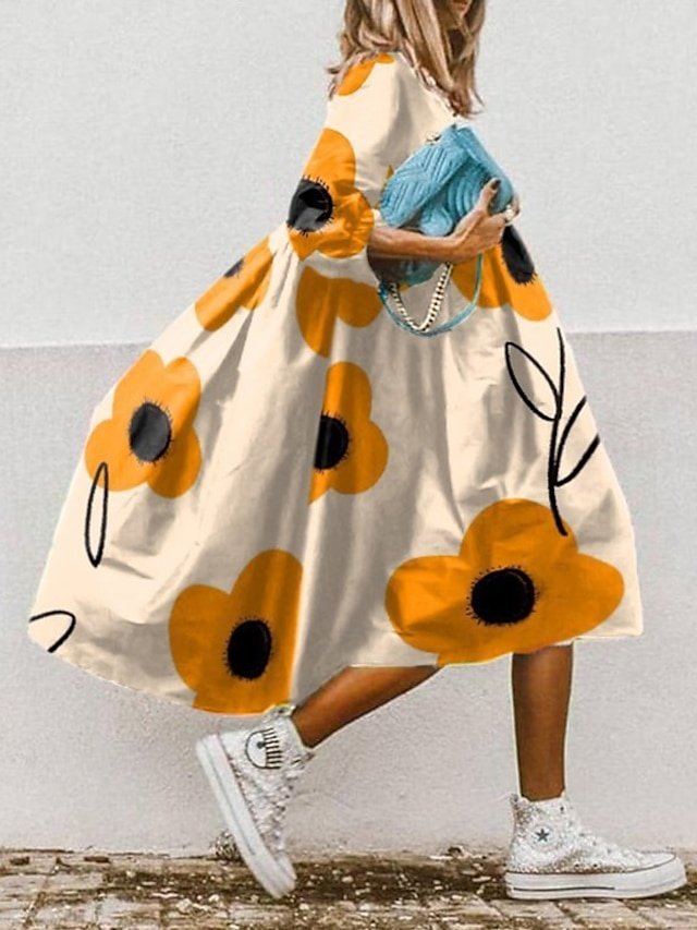 Boho Regular Fit Floral Round Neck 3/4 Sleeve Midi Dress - Image 2