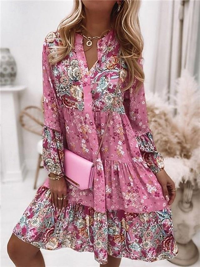 Boho Regular Fit Floral Split Neck Long Sleeve Mini Dress - Image 1