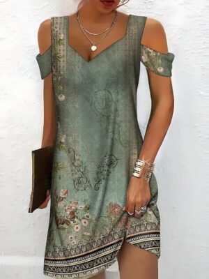 Boho Regular Fit Floral Sweetheart Short Sleeve Midi Dress - Image 1
