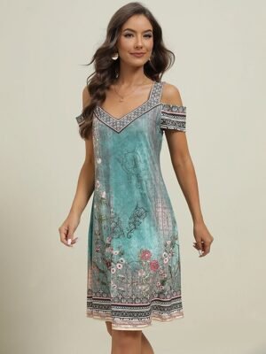 Boho Regular Fit Floral Sweetheart Short Sleeve Midi Dress - Image 18