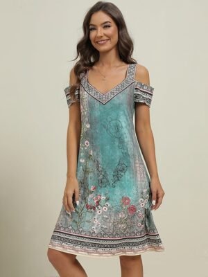 Boho Regular Fit Floral Sweetheart Short Sleeve Midi Dress - Image 19