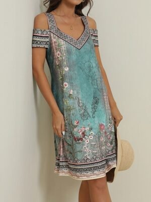 Boho Regular Fit Floral Sweetheart Short Sleeve Midi Dress - Image 21