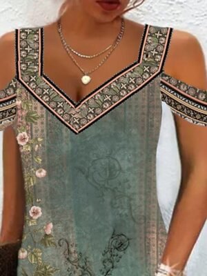 Boho Regular Fit Floral Sweetheart Short Sleeve Midi Dress - Image 24