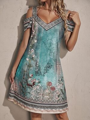 Boho Regular Fit Floral Sweetheart Short Sleeve Midi Dress - Image 5