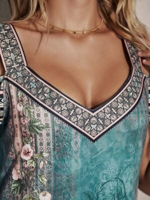 Boho Regular Fit Floral Sweetheart Short Sleeve Midi Dress - Image 7