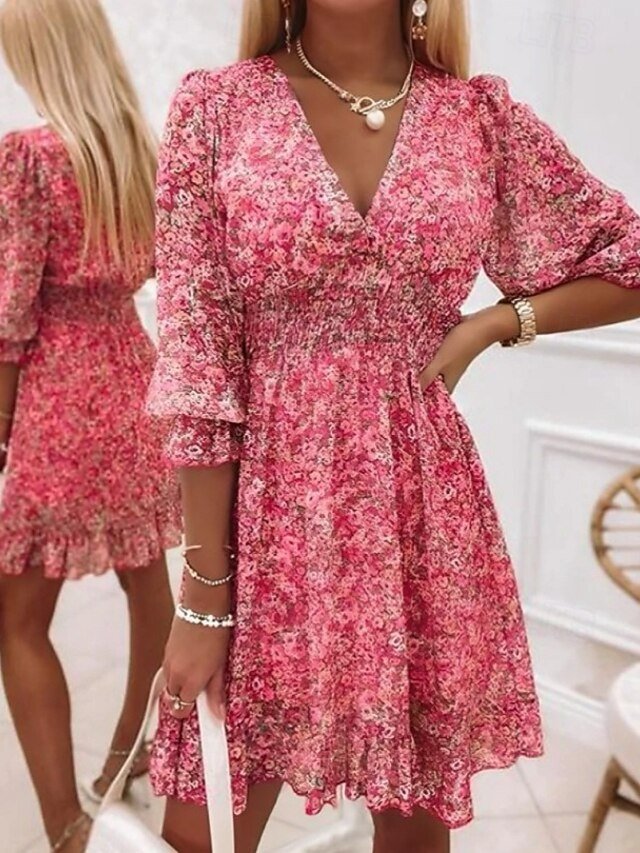 Boho Regular Fit Floral V Neck Half Sleeve Mini Dress - Image 1