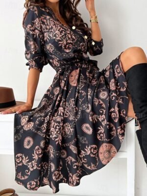 Boho Regular Fit Floral V Neck Long Sleeve Midi Dress - Image 3