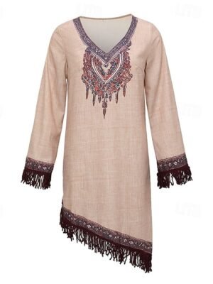 Boho Regular Fit Floral V Neck Long Sleeve Midi Dress - Image 4
