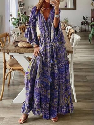 Boho Regular Fit Floral V Neck Long Sleeve Maxi Dress - Image 6
