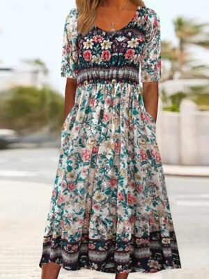 Boho Regular Fit Floral V Neck Short Sleeve Maxi Dress - Image 1