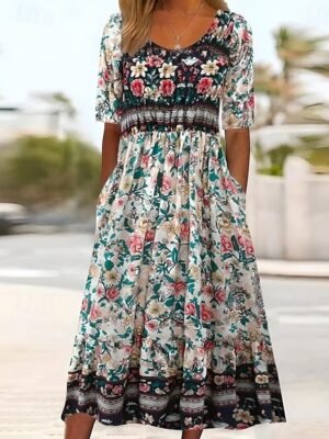 Boho Regular Fit Floral V Neck Short Sleeve Maxi Dress - Image 10