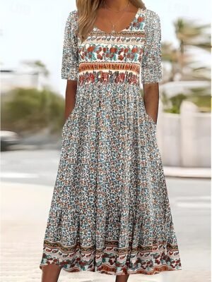 Boho Regular Fit Floral V Neck Short Sleeve Maxi Dress - Image 2