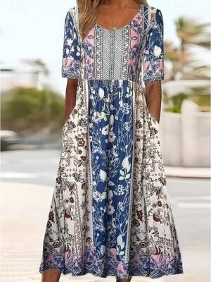 Boho Regular Fit Floral V Neck Short Sleeve Maxi Dress - Image 7
