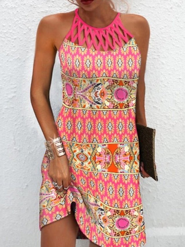 Boho Regular Fit Geometric Halter Neck Sleeveless Mini Dress - Image 1