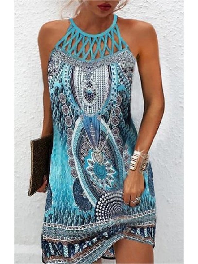 Boho Regular Fit Geometric Halter Sleeveless Mini Dress - Image 1