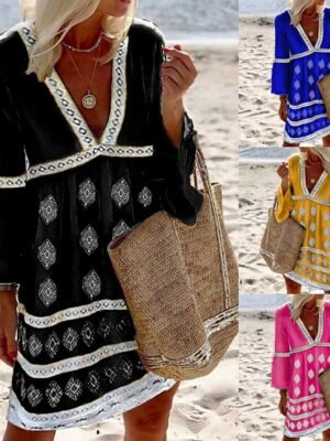 Boho Regular Fit Geometric V Neck Long Sleeve Mini Dress - Image 1