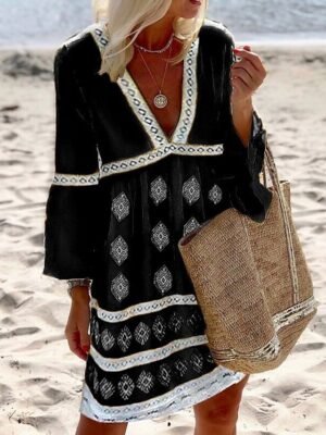 Boho Regular Fit Geometric V Neck Long Sleeve Mini Dress - Image 2