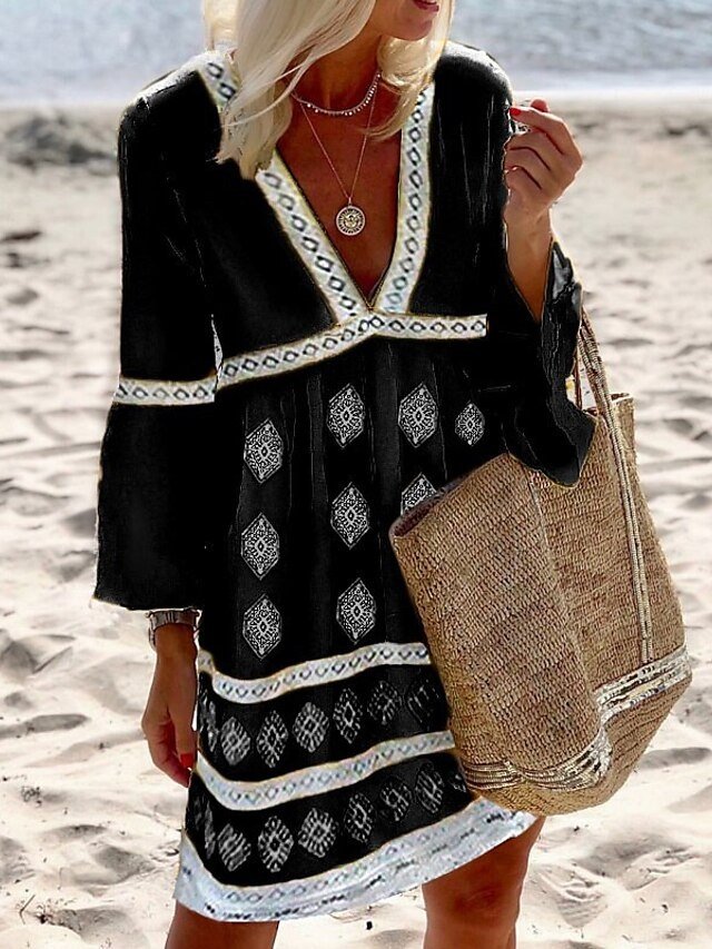 Boho Regular Fit Geometric V Neck Long Sleeve Mini Dress - Image 2