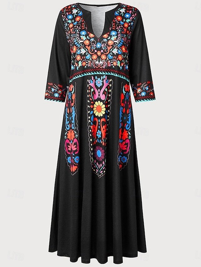 Boho Regular Fit Graphic V Neck Long Sleeve Midi Dress - Image 2