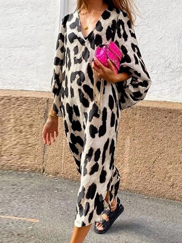 Boho Regular Fit Leopard V Neck Lantern Sleeve Midi Dress - Image 1