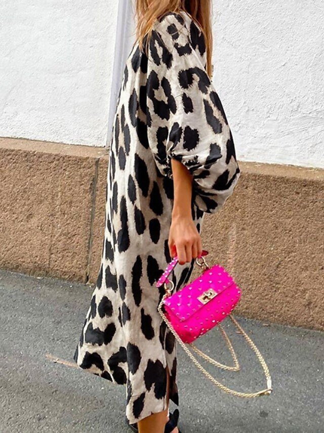 Boho Regular Fit Leopard V Neck Lantern Sleeve Midi Dress - Image 2
