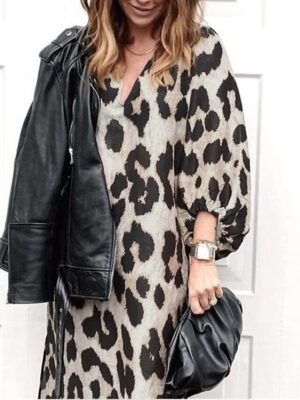 Boho Regular Fit Leopard V Neck Lantern Sleeve Midi Dress - Image 3