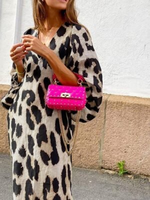 Boho Regular Fit Leopard V Neck Lantern Sleeve Midi Dress - Image 4