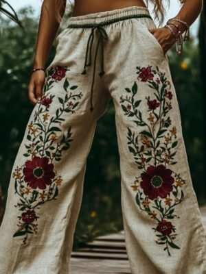 Boho Regular Fit Natural Flower Elastic Waist Full Length Slacks - Image 1