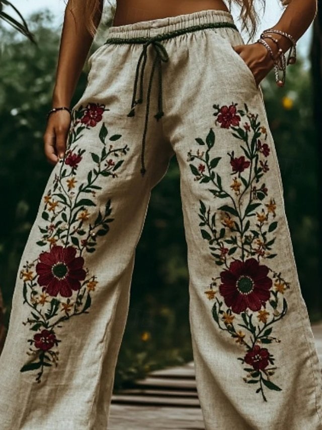 Boho Regular Fit Natural Flower Elastic Waist Full Length Slacks - Image 1